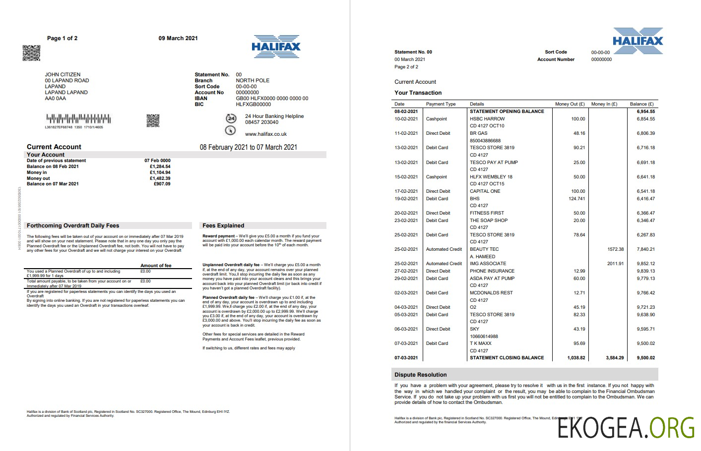 Royaume Uni Modèle de relevé de preuve d'adresse bancaire d'Halifax en format Word et PDF (2 pages)